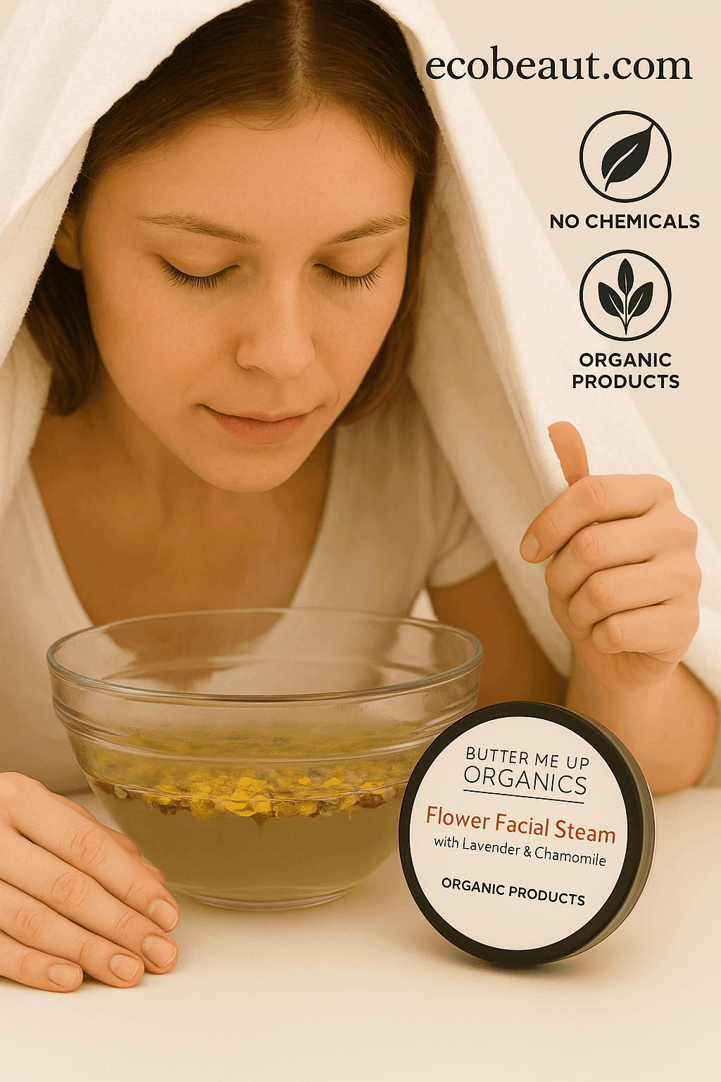 A young woman with a white towel over her head inhales steam from a glass bowl filled with organic herbs. She is using Butter Me Up Organics Flower Facial Steam, shown beside the bowl. The image features clean branding with “no chemicals” and “organic products” icons and the website ecobeaut.com in the top right corner, set against a soft neutral background.








