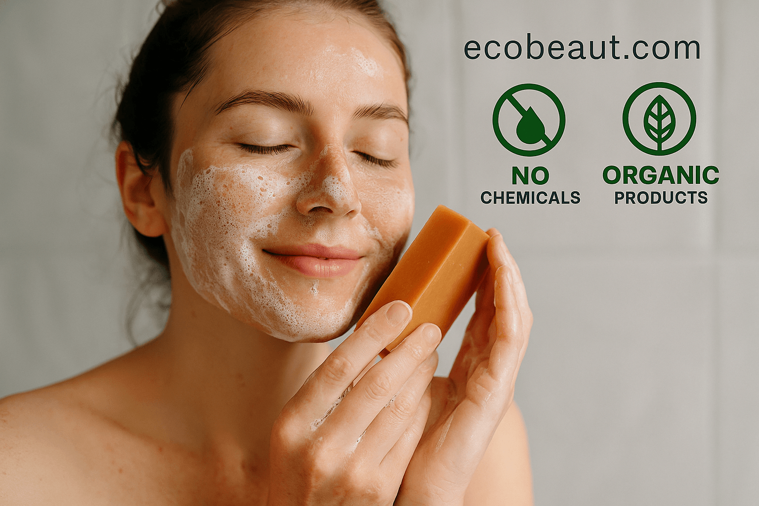 A young woman with fair skin and closed eyes smiles gently while washing her face with organic soap, producing a light foam. She holds the soap close to her cheek. In the top right corner, eco-friendly icons for "NO CHEMICALS" and "ORGANIC PRODUCTS" are displayed alongside the website “ecobeaut.com.”