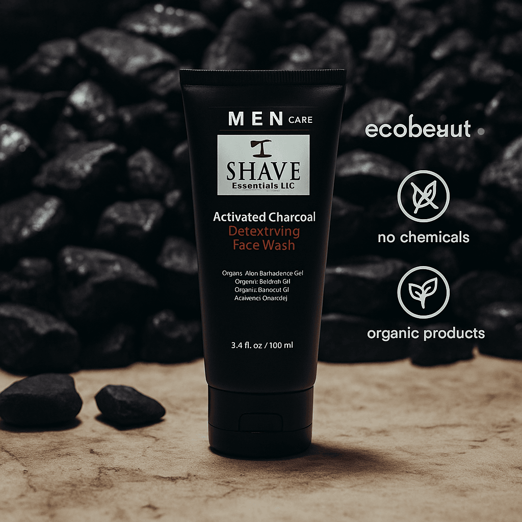 Activated Charcoal Detoxifying Face Wash by SHAVE Essentials displayed on a rustic surface surrounded by black charcoal rocks for a bold, natural skincare appeal.