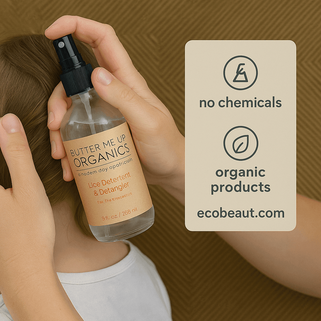 Adult spraying Butter Me Up Organics lice spray onto child’s hair with eco-friendly icons and ecobeaut.com branding.