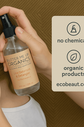 Adult spraying Butter Me Up Organics lice spray onto child’s hair with eco-friendly icons and ecobeaut.com branding.