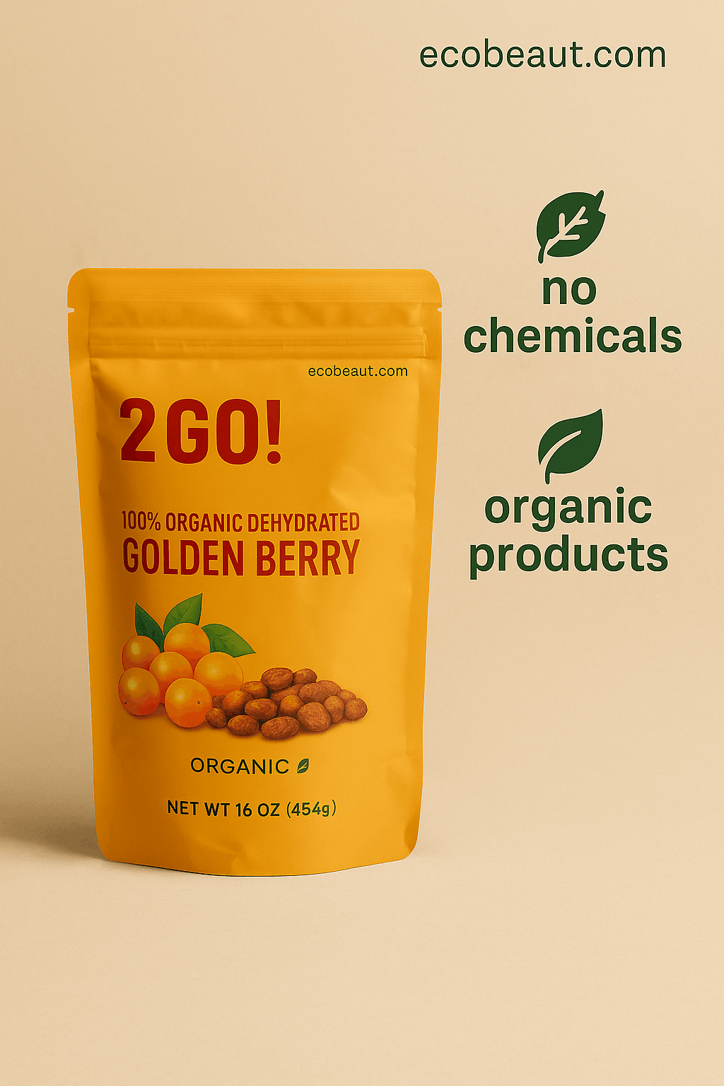 African-American woman enjoying 2GO! organic golden berries, holding the eco-labeled pouch with ecobeaut.com and icons no chemicals and organic products.