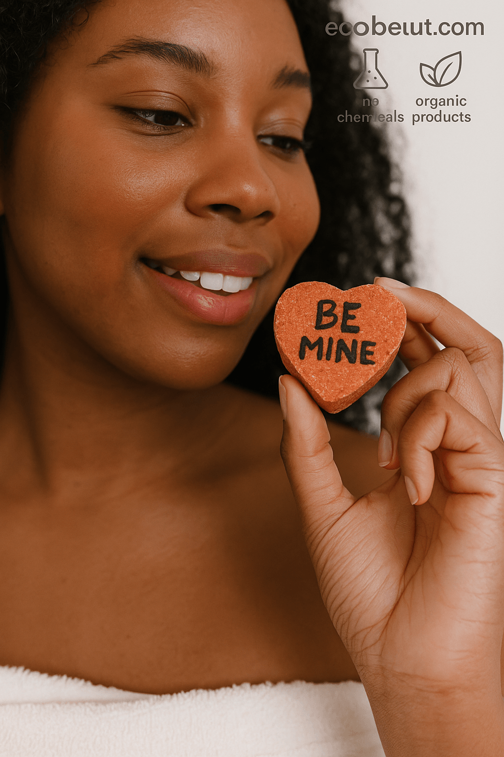 African-American woman using a Valentine's Day heart-shaped organic bath bomb – natural spa ritual at home – ecobeaut.com