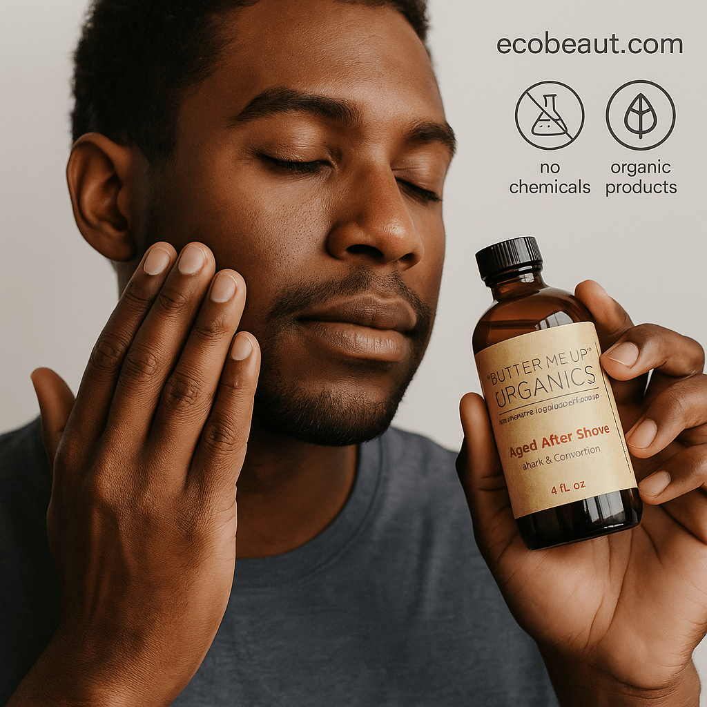 African American man applying Butter Me Up Organics Aged After Shave – natural aftershave with rum and cinnamon from ecobeaut.com