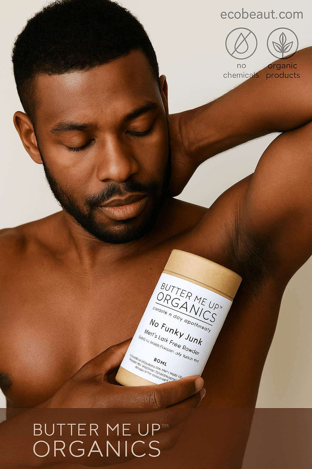 African American man applying Butter Me Up Organics No Funky Junk Powder to underarm – natural talc-free body care from ecobeaut.com