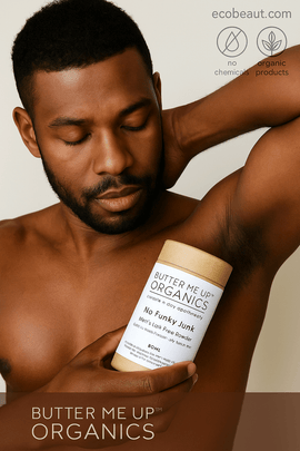 African American man applying Butter Me Up Organics No Funky Junk Powder to underarm – natural talc-free body care from ecobeaut.com