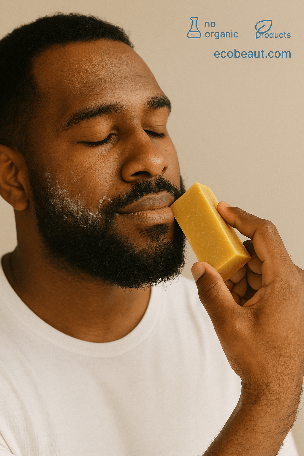 African American man applying Citrus Zest organic soap to his beard – natural beer shampoo and body bar from ecobeaut.com