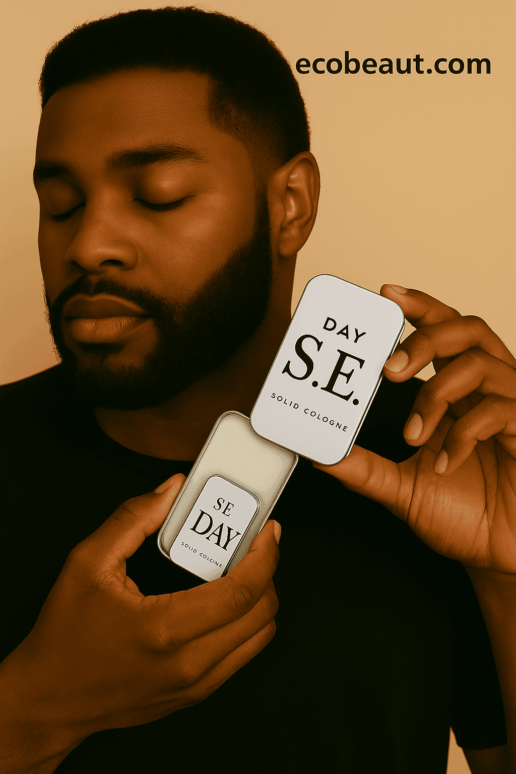African American man applying S.E. Solid Cologne from a sliding tin – stylish, eco-friendly fragrance routine from ecobeaut.com.