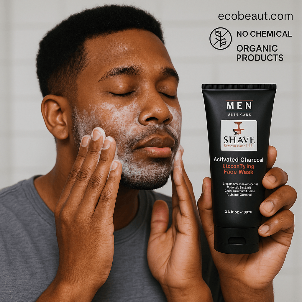 African American man applying SHAVE Essentials Activated Charcoal Face Wash, demonstrating real-life use of this detoxifying natural skincare product for men.