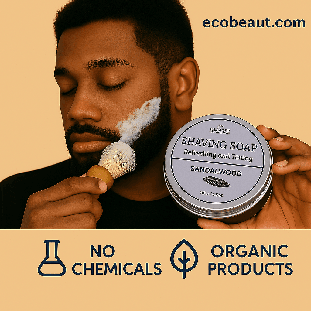 African American man applying Shave Essentials Sandalwood Shaving Soap with a brush – natural, chemical-free grooming from ecobeaut.com.