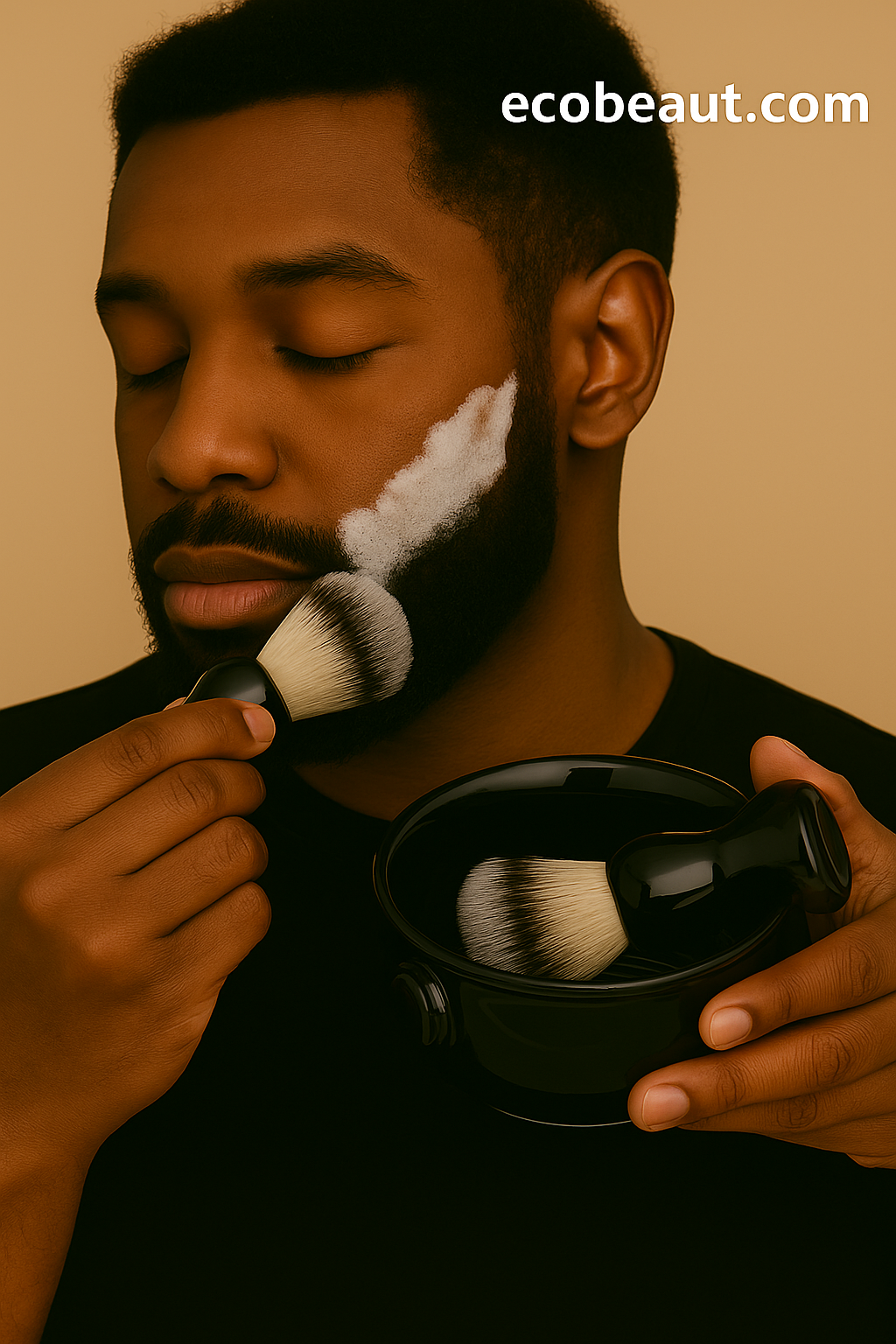 African American man applying shaving cream with a brush from a black ceramic bowl – eco-friendly grooming ritual by ecobeaut.com.