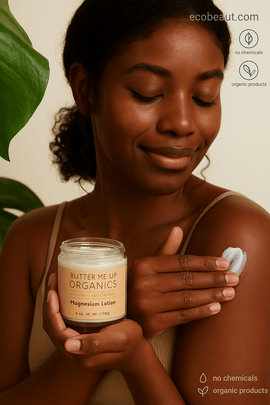 African American woman applying Butter Me Up Organics Magnesium Lotion to shoulder, smiling calmly, featuring ecobeaut.com, organic products, no chemicals – soothing body lotion USA