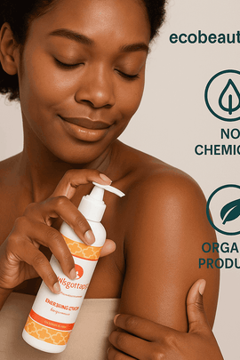 African American woman applying Energizing Citrus Body Lotion to shoulder – organic skincare with refreshing citrus scent, no chemicals, ecobeaut.com
