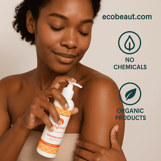 African American woman applying Energizing Citrus Body Lotion to shoulder – organic skincare with refreshing citrus scent, no chemicals, ecobeaut.com