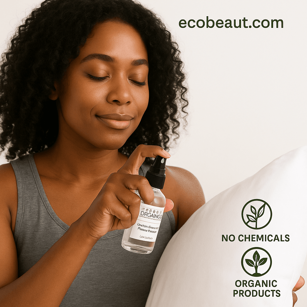 African American woman applying Sweet Dreams Pillow Spray by Butter Me Up Organics before sleep – relaxing organic formula – no chemicals, organic products – ecobeaut.com

