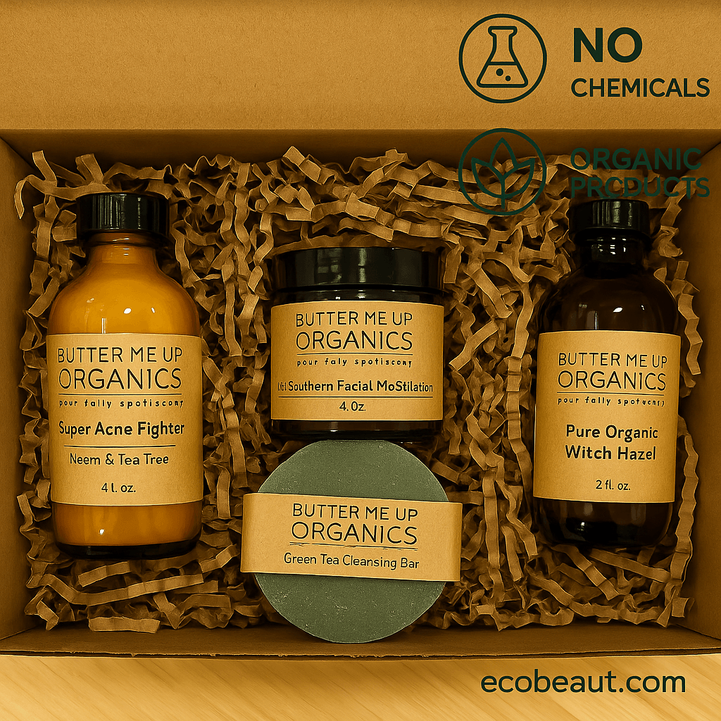 All-natural Butter Me Up Organics acne bundle featuring Super Acne Fighter, facial moisturizer, cleansing bar, and witch hazel, eco-packaged with ecobeaut.com label and organic certifications