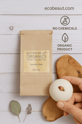 All-natural organic laundry soap in eco-friendly kraft packaging on rustic background, featuring no chemicals and organic product labels – ecobeaut.com