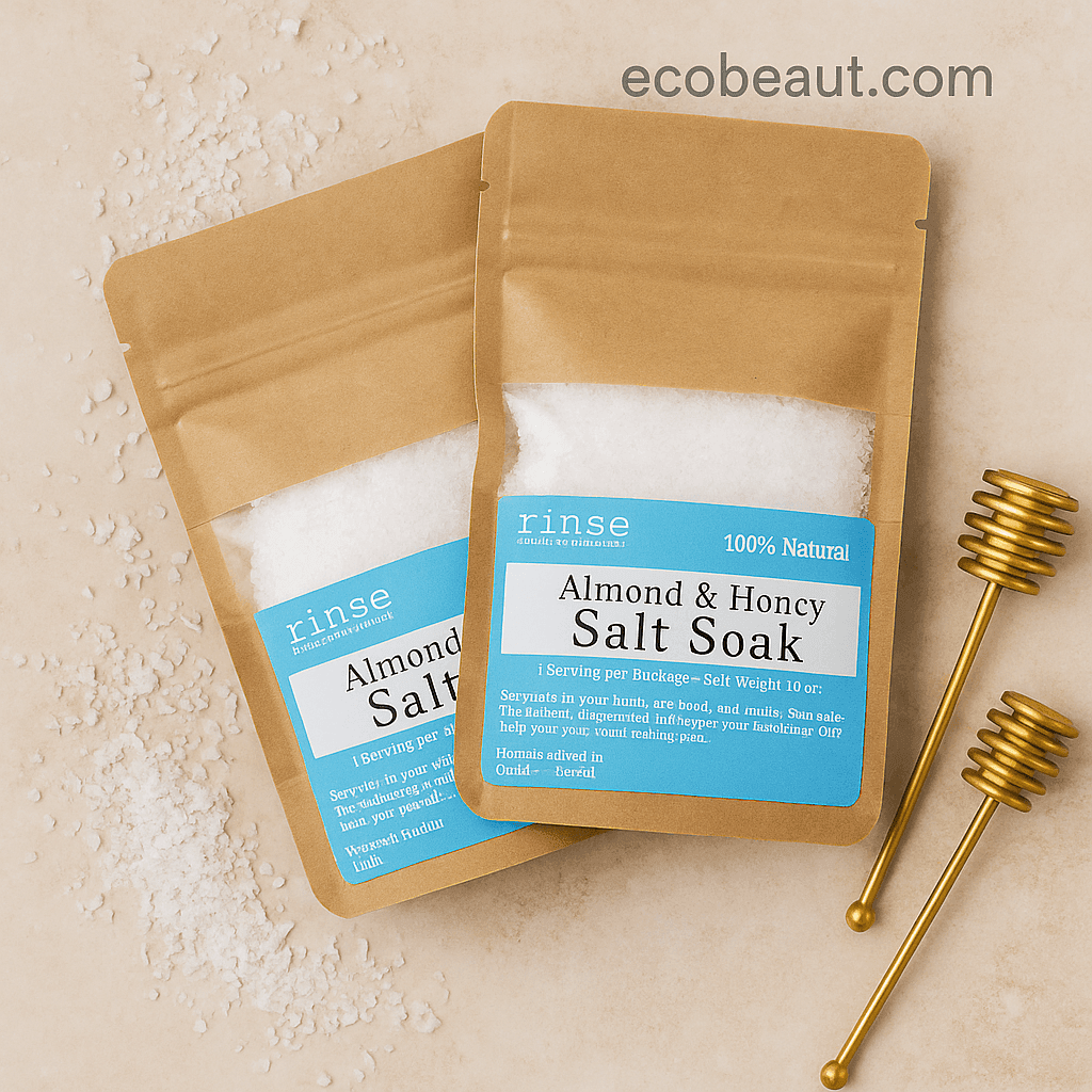 Almond and Honey Salt Soak in kraft pouches on natural background with honey dippers – handmade bath salt from ecobeaut.com