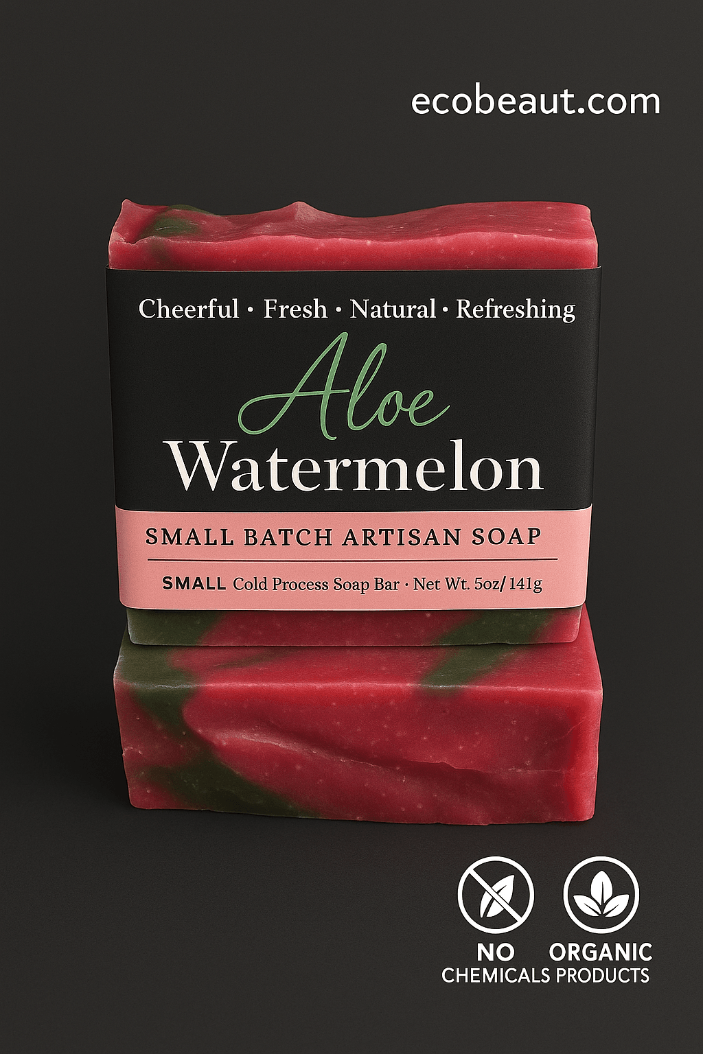 Aloe Watermelon artisan soap with pink and green marbling on a dark background, showing ecobeaut.com in the top right and eco-friendly labels 'NO CHEMICALS' and 'ORGANIC PRODUCTS' at the bottom.
