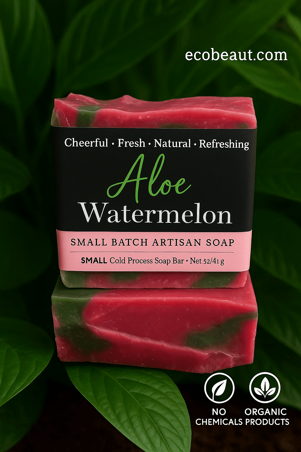 Aloe Watermelon artisan soap with pink and green swirls placed among lush leaves, featuring the site name ecobeaut.com in the upper right corner and eco labels 'NO CHEMICALS' and 'ORGANIC PRODUCTS' at the bottom of the image.