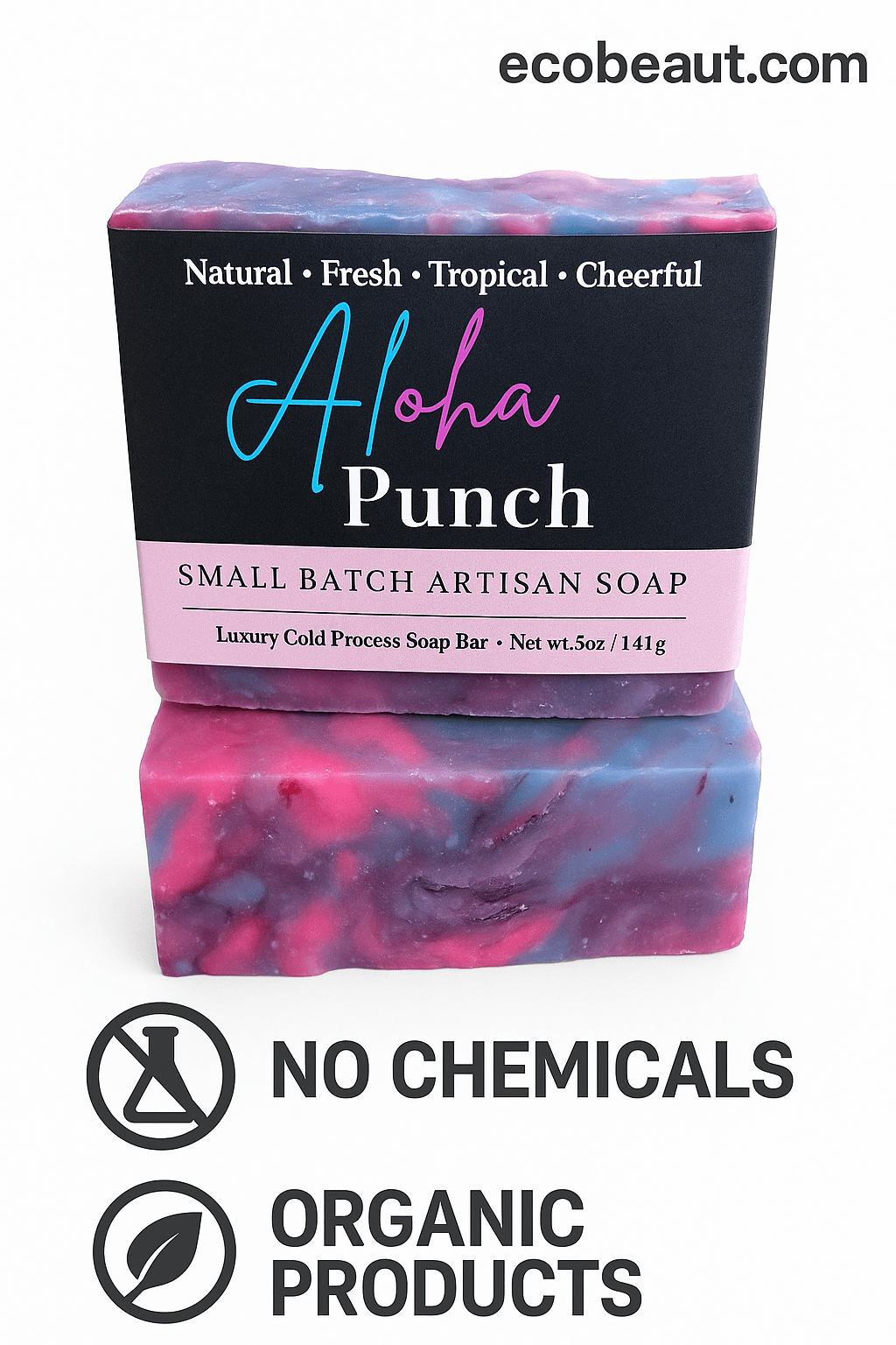 Aloha Punch artisan soap from ecobeaut.com displayed against lush green leaves. The packaging is vivid with marbled colors, and at the bottom of the image are clean eco-icons stating 'NO CHEMICALS' and 'ORGANIC PRODUCTS'