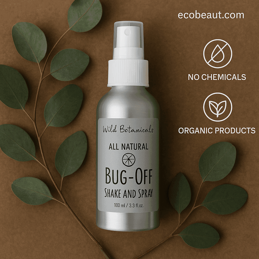 Aluminum spray bottle of Bug-Off Shake and Spray placed on a natural background with eucalyptus leaves, labeled as no chemicals and organic products, with ecobeaut.com in the top right corner.