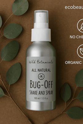 Aluminum spray bottle of Bug-Off Shake and Spray placed on a natural background with eucalyptus leaves, labeled as no chemicals and organic products, with ecobeaut.com in the top right corner.