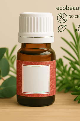 Amber glass essential oil bottle with a red patterned label, placed on a wooden surface with eucalyptus and rosemary leaves. In the upper right corner, eco-friendly icons and “ecobeaut.com” are displayed.




