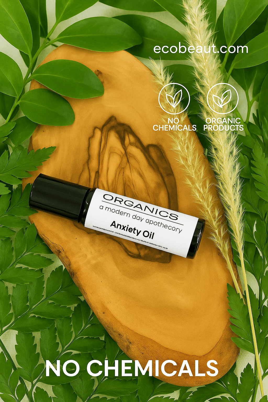 "Anxiety Oil roll-on bottle on wood slice surrounded by green leaves, eco labels, and ecobeaut.com branding in the top right corner."