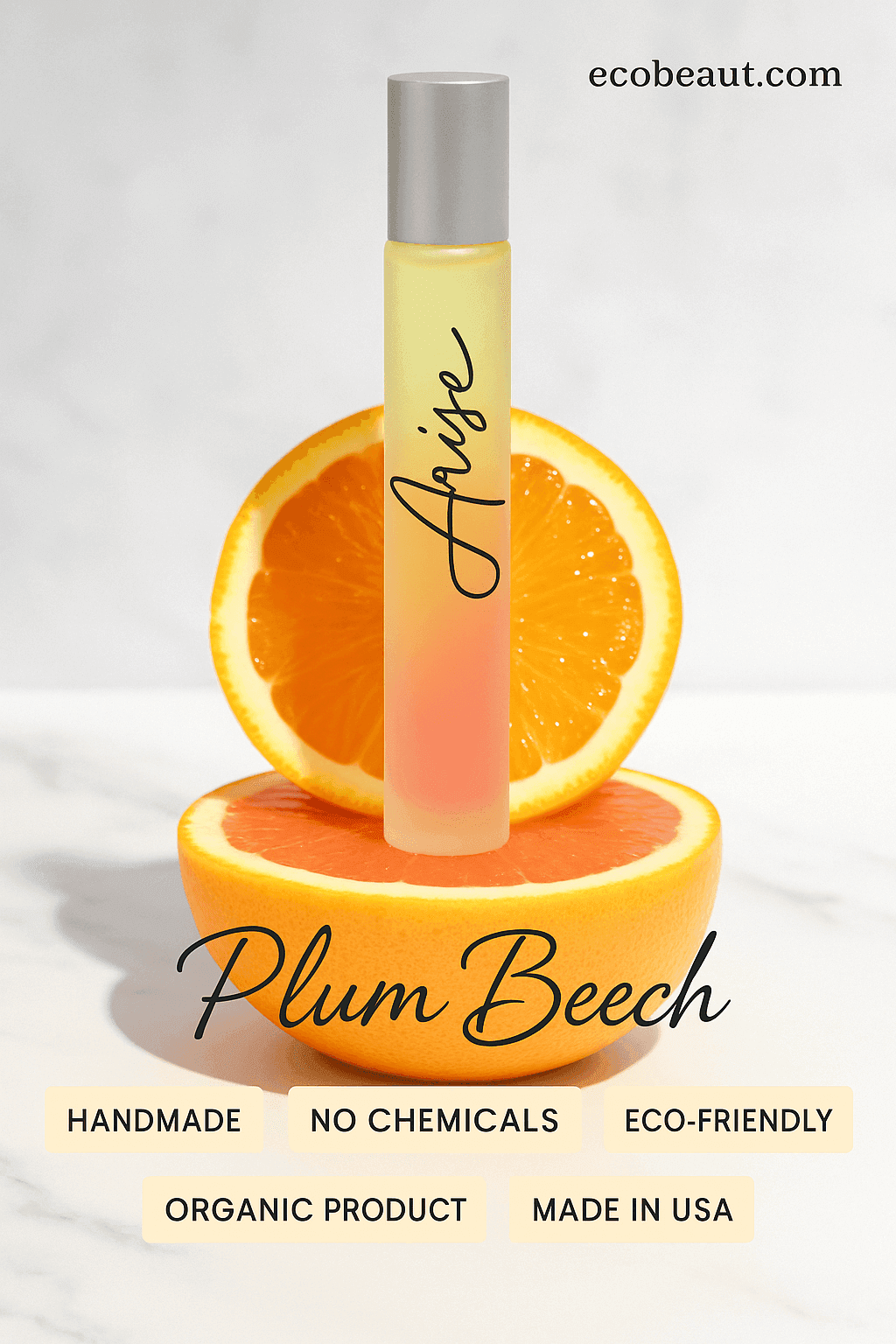 Arise Rollerball Perfume – Embrace Your Inner Light displayed with orange slices and eco-friendly labels