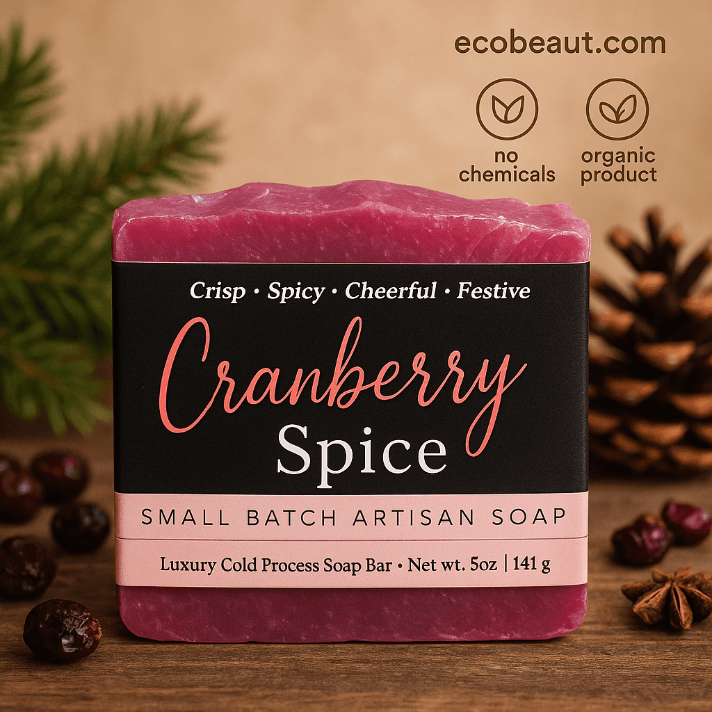 Artisan cranberry spice soap bar with festive packaging on a rustic wooden surface, surrounded by dried cranberries, evergreen branches, and pinecones; labeled "no chemicals", "organic product", and branded with ecobeaut.com in the top right corner.