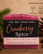 Artisan cranberry spice soap bar with festive packaging on a rustic wooden surface, surrounded by dried cranberries, evergreen branches, and pinecones; labeled "no chemicals", "organic product", and branded with ecobeaut.com in the top right corner.
