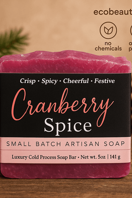 Artisan cranberry spice soap bar with festive packaging on a rustic wooden surface, surrounded by dried cranberries, evergreen branches, and pinecones; labeled "no chemicals", "organic product", and branded with ecobeaut.com in the top right corner.