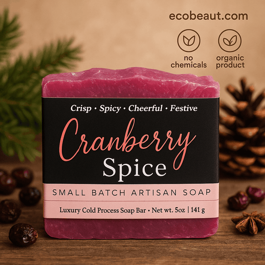 Artisan cranberry spice soap bar with festive packaging on a rustic wooden surface, surrounded by dried cranberries, evergreen branches, and pinecones; labeled "no chemicals", "organic product", and branded with ecobeaut.com in the top right corner.