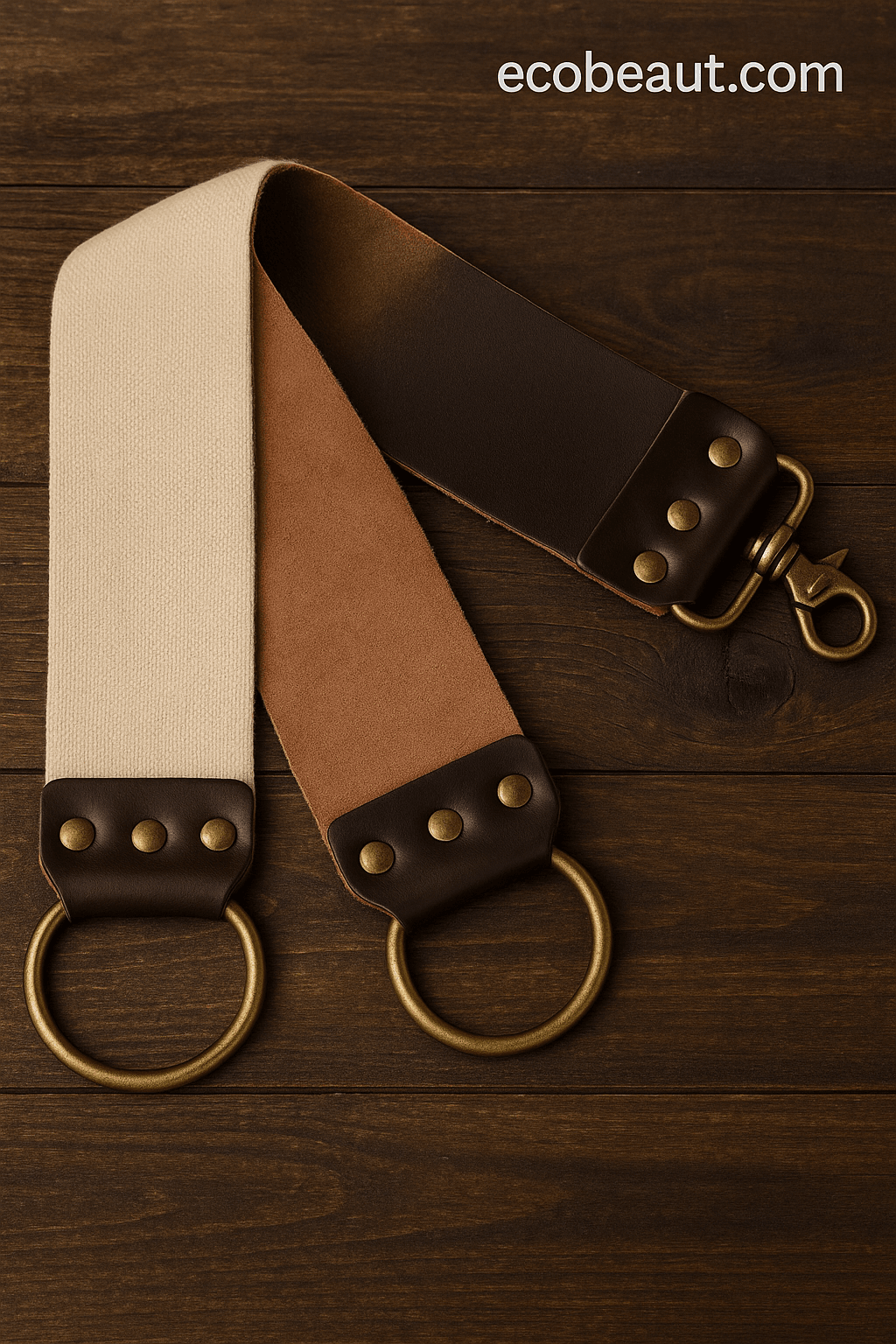 Artisan leather razor strop with cream canvas and brown suede sections, arranged diagonally on a dark wooden surface with vintage brass rings and hook, and ecobeaut.com branding in the upper corner.