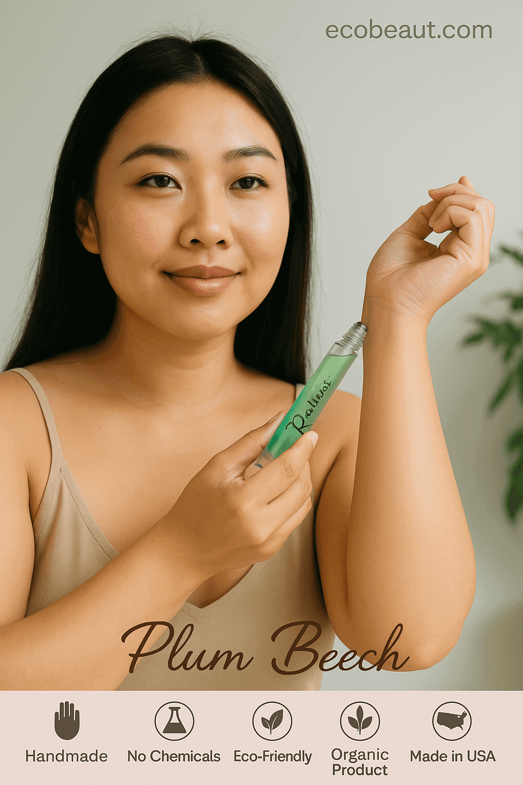 Asian woman applying Resilient perfume by Plum Beech to wrist – natural and organic roll-on fragrance with eco certifications and branding from ecobeaut.com