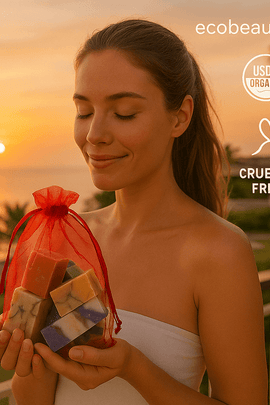 Assorted soap bar samples in a red gift pouch on a soft background with green foliage, organic handmade soap from ecobeaut.com