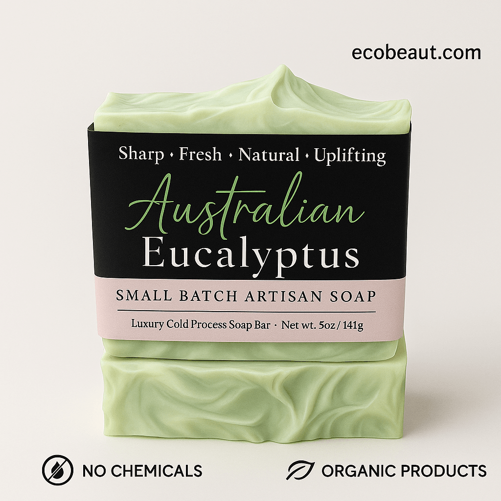 Australian Eucalyptus artisan soap with green and white swirls, centered against a clean white background. The label includes ecobeaut.com in the top right and eco-friendly icons 'NO CHEMICALS' and 'ORGANIC PRODUCTS' at the bottom.