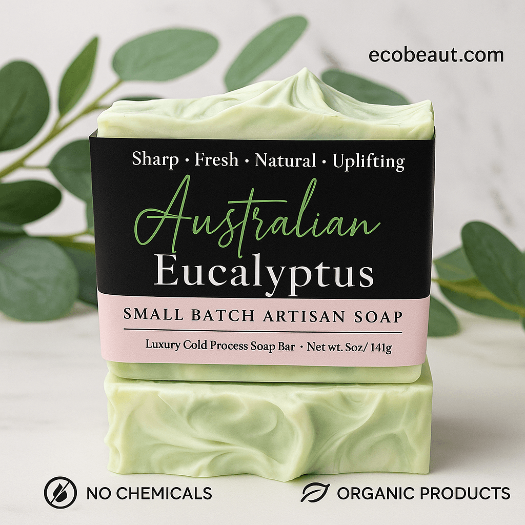 Australian Eucalyptus artisan soap with green and white swirls placed on a marble surface, surrounded by eucalyptus leaves. The label includes ecobeaut.com in the top right and eco-friendly tags 'NO CHEMICALS' and 'ORGANIC PRODUCTS' at the bottom.