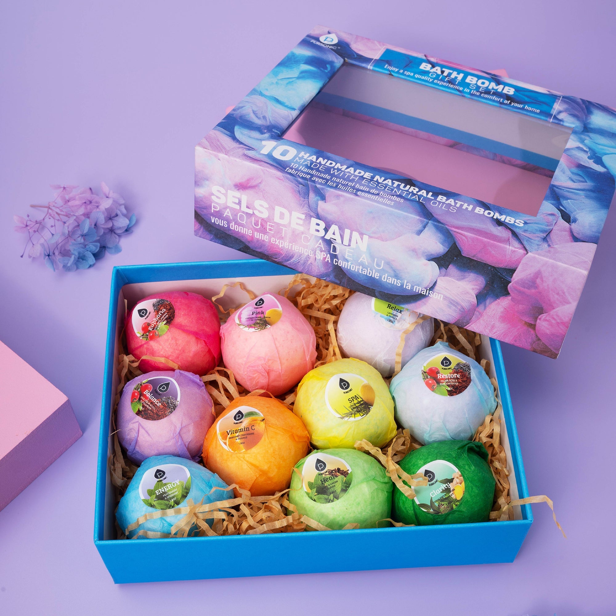10-Piece Natural Bath Bomb Gift Set – Handmade Aromatherapy Bath Bombs with Essential Oils, 4.1 oz Each