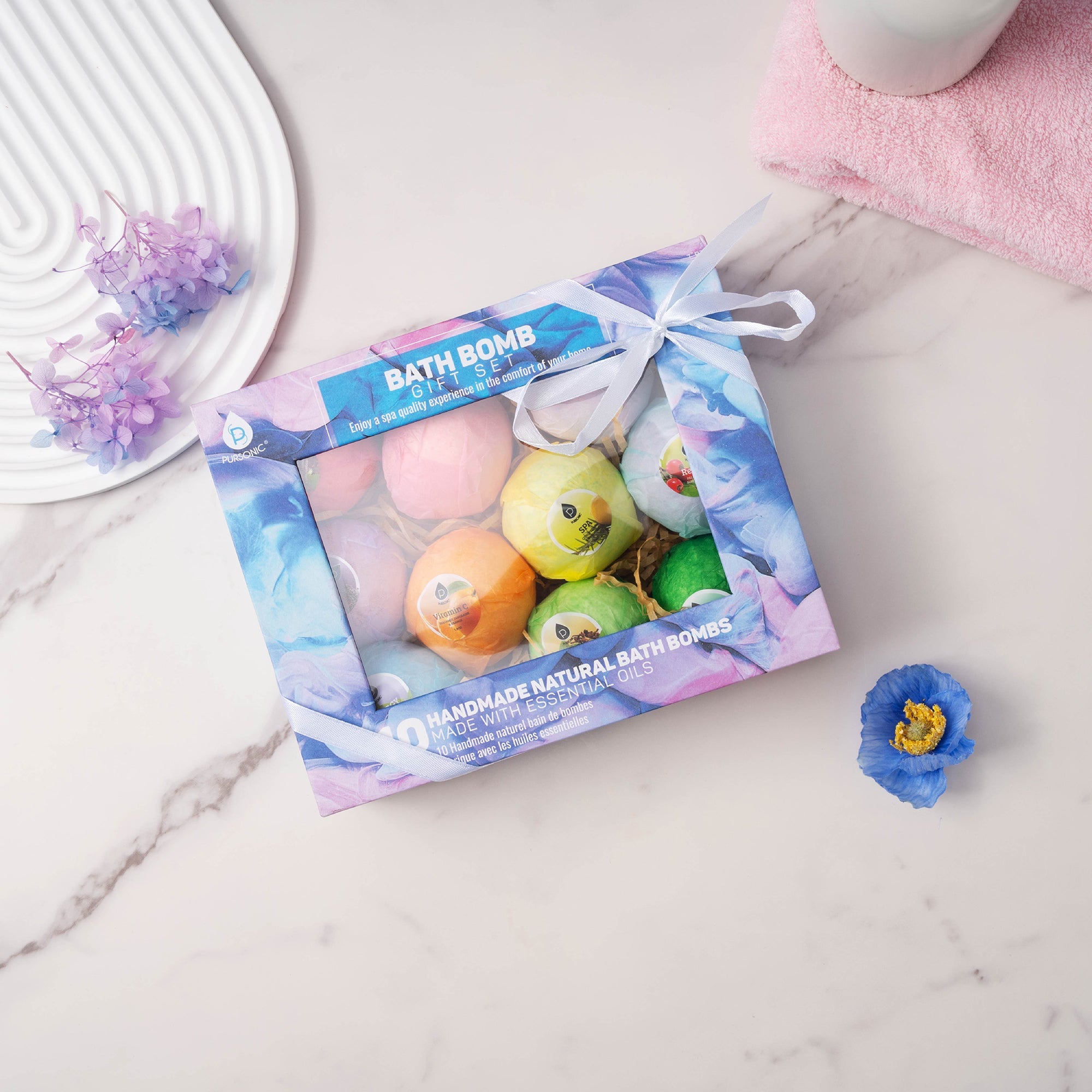 10-Piece Natural Bath Bomb Gift Set – Handmade Aromatherapy Bath Bombs with Essential Oils, 4.1 oz Each