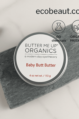 Baby Butt Butter tin from Butter Me Up Organics placed on gray slate, with ecobeaut.com and eco-friendly icons in the top right corner.




