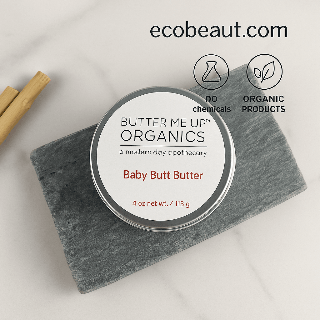 Butter Me Up Organics Baby Butt Butter container on a white background with 'ecobeaut.com' branding.