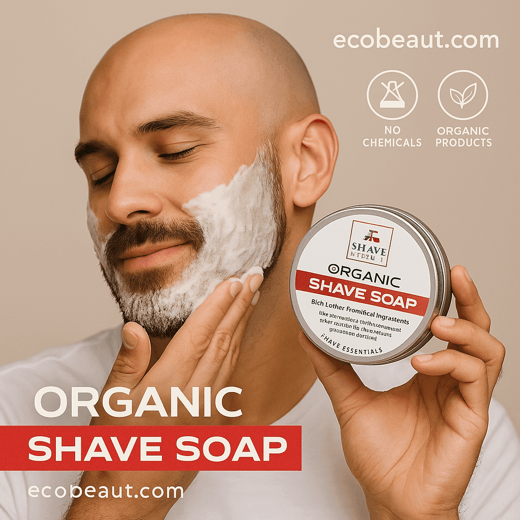Bald man with a trimmed beard applying Shave Essentials Organic Shave Soap to his face, holding the product tin with visible label, accompanied by ecobeaut.com and eco icons promoting no chemicals and organic ingredients.