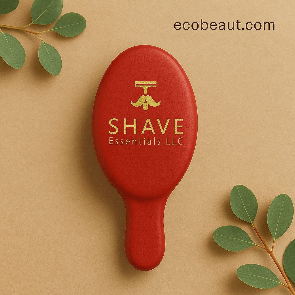 Bearded man brushing facial hair with SHAVE Essentials black beard brush, showing gold logo and curved handle — ecobeaut.com