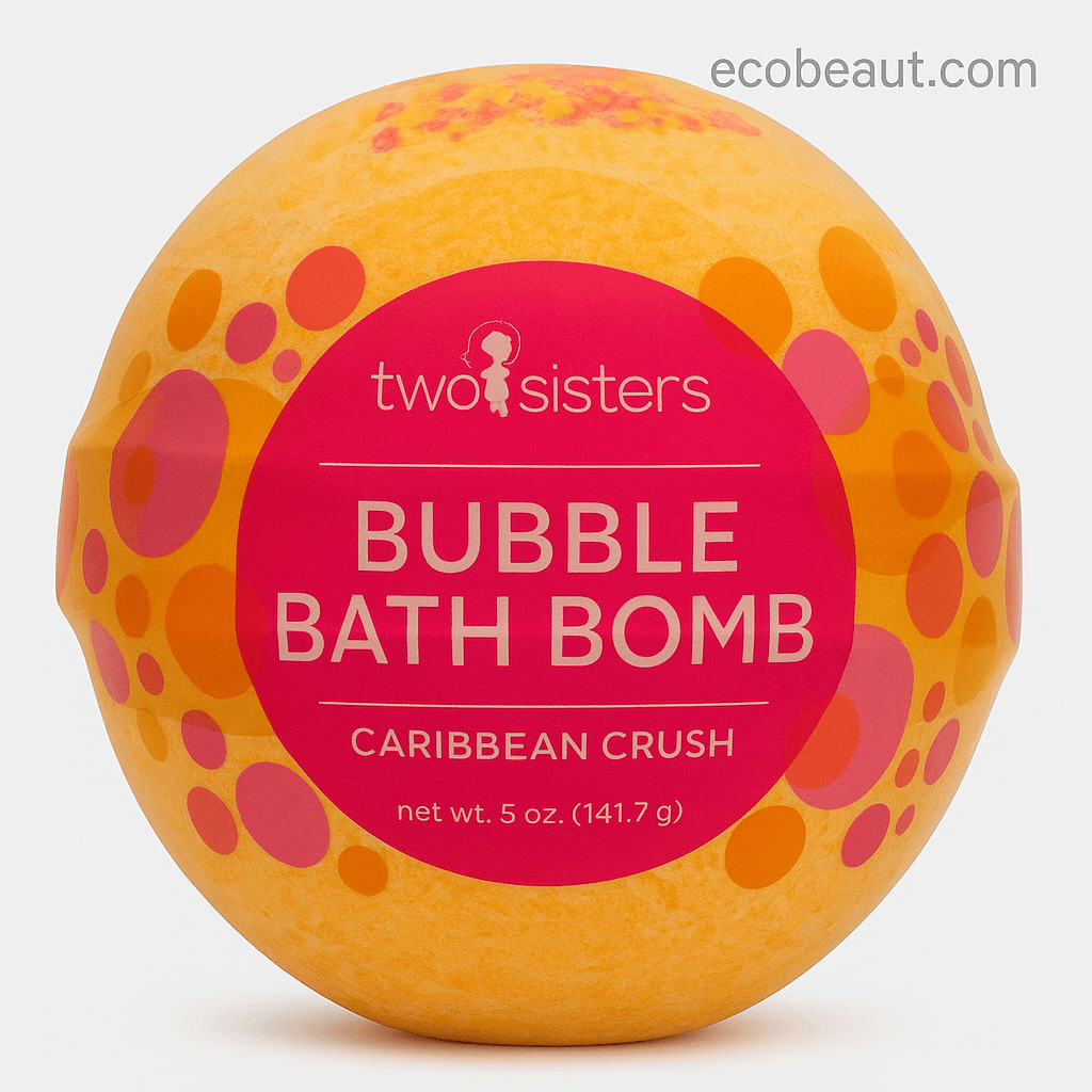 Beautiful presentation of Caribbean Crush Bubble Bath Bomb with tropical colors and packaging – ecobeaut.com organic bath product