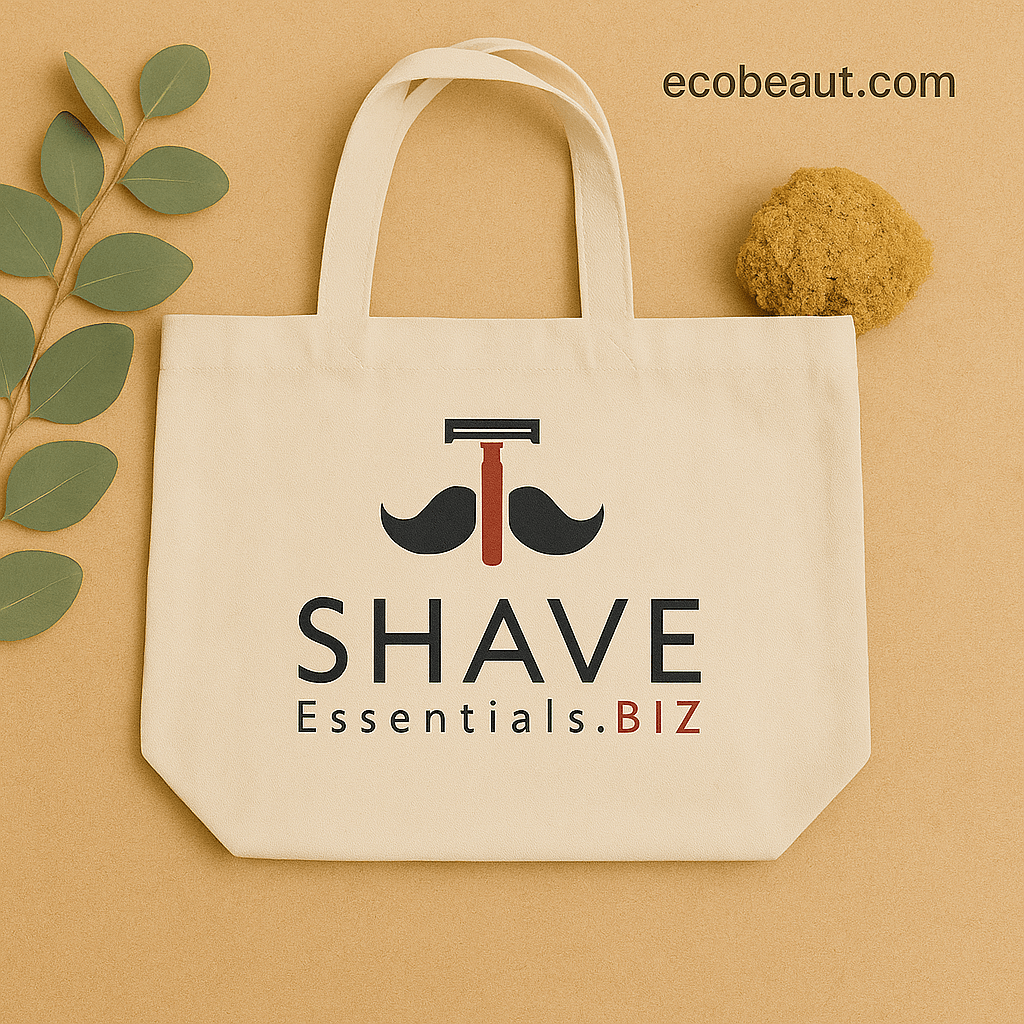 Beige canvas tote bag with SHAVE Essentials.BIZ logo displayed flat with eucalyptus and natural sponge – minimalist organic gift packaging idea from ecobeaut.com