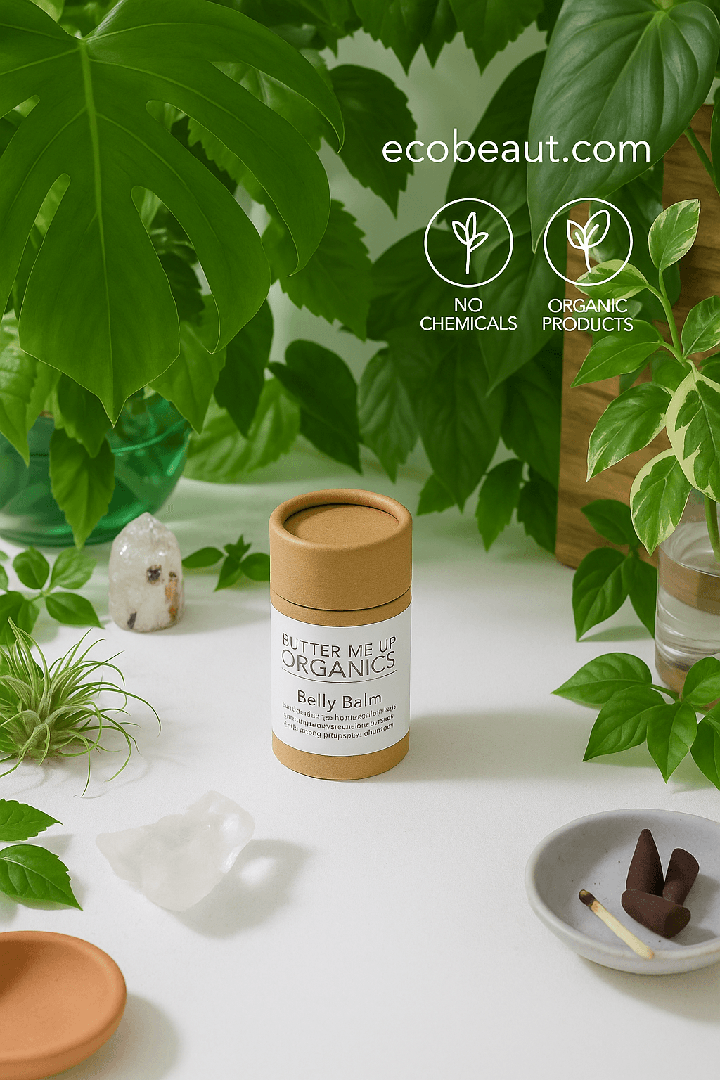 "Belly Balm in kraft tube on white surface, surrounded by lush green plants, eco labels, and ecobeaut.com branding in the top right corner."




