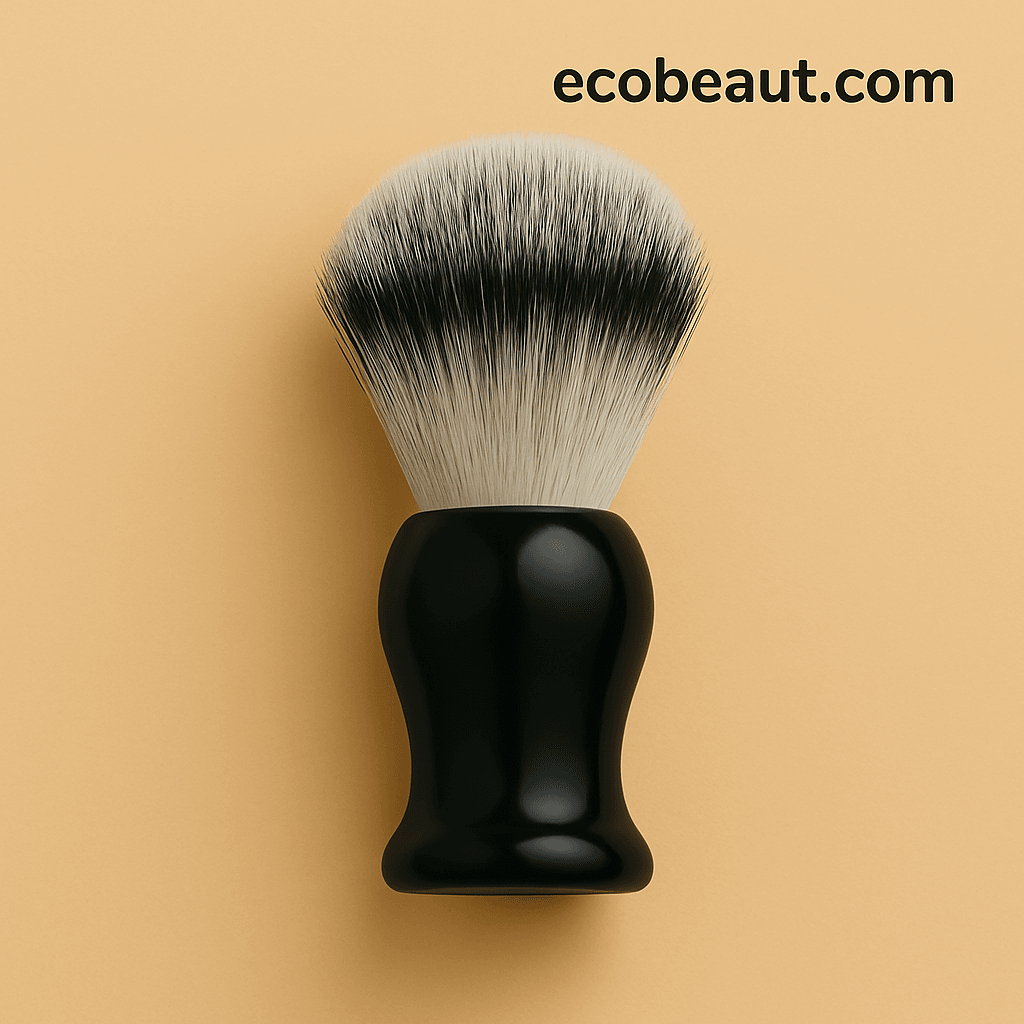 Black-handled shaving brush with soft vegan bristles on neutral beige background – ecobeaut.com