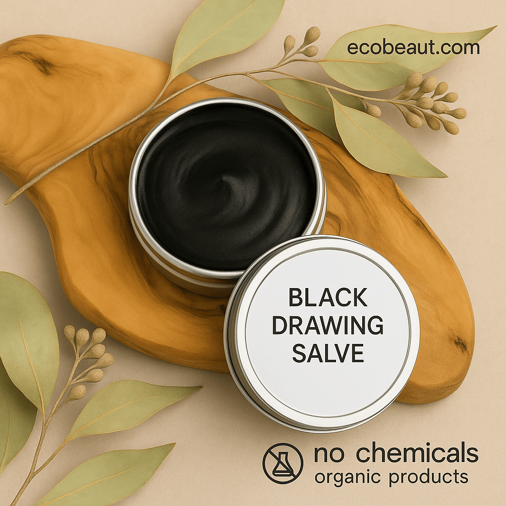Black Drawing Salve in an open silver tin on a wooden surface, surrounded by eucalyptus leaves and dried flowers, with “ecobeaut.com” in the top right corner and labels “no chemicals” and “organic products” at the bottom.